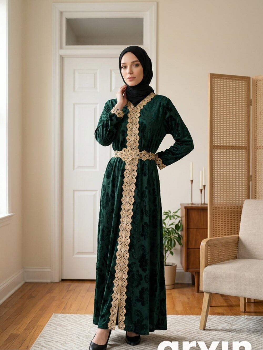 Emerald Green Maxi Dress with Gold Lace Trim